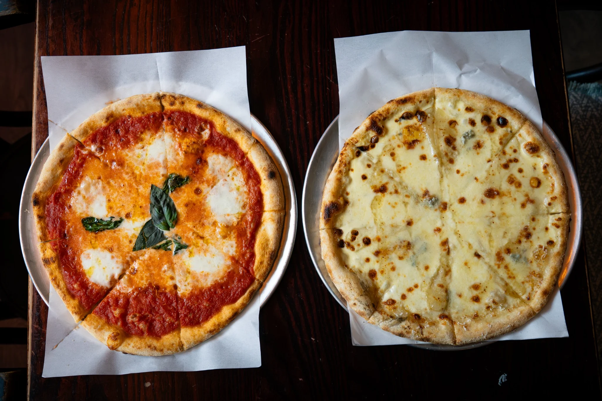 Two freshly baked pizzas photographed from above at Billy’s Pizza Ballina