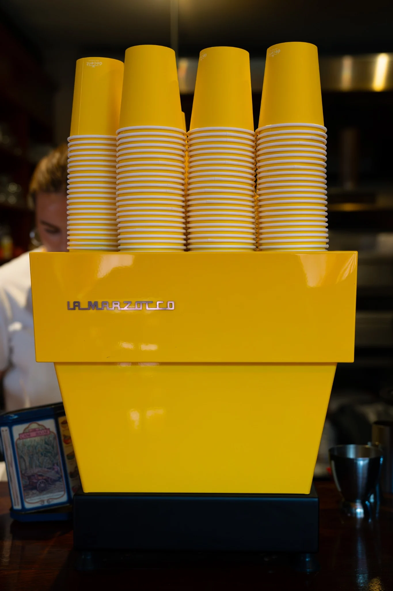 Yellow La Marzocco coffee machine inside Billy’s Pizza