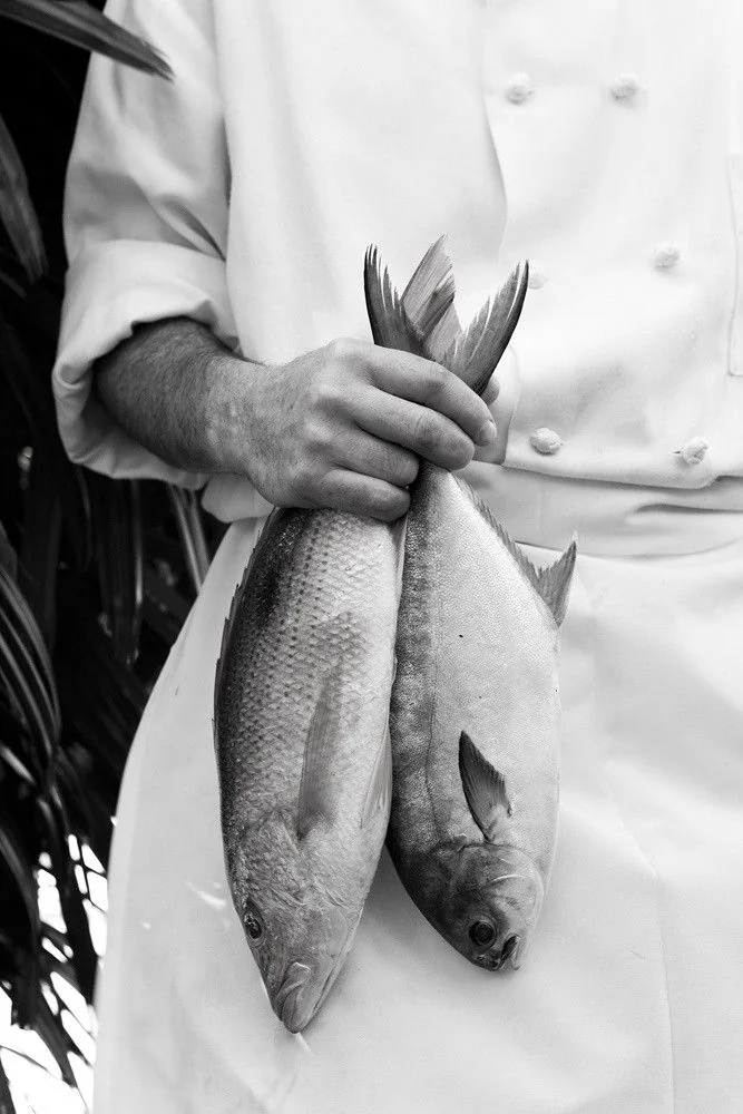 Chef holding fresh fish in a black and white portrait