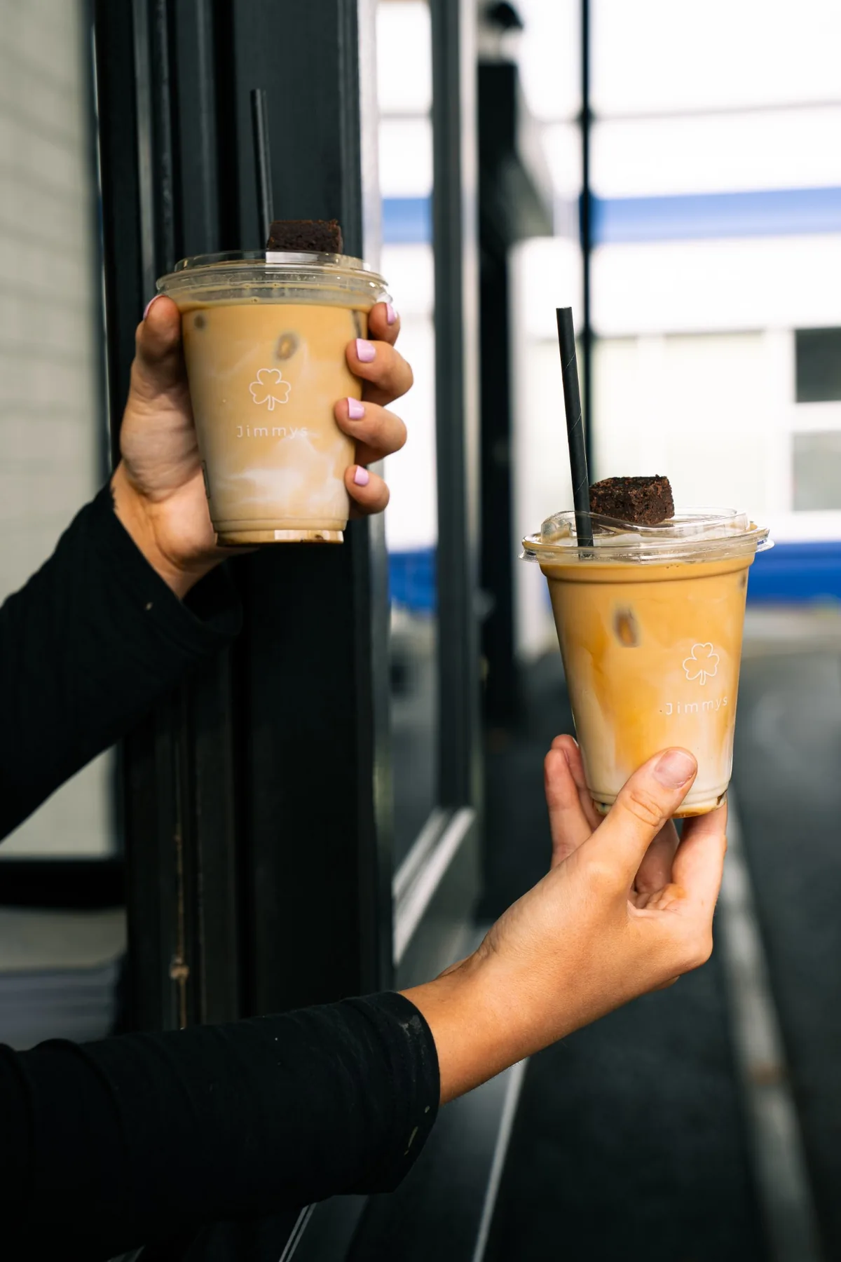 Two iced coffees served at the Jimmys drive thru window