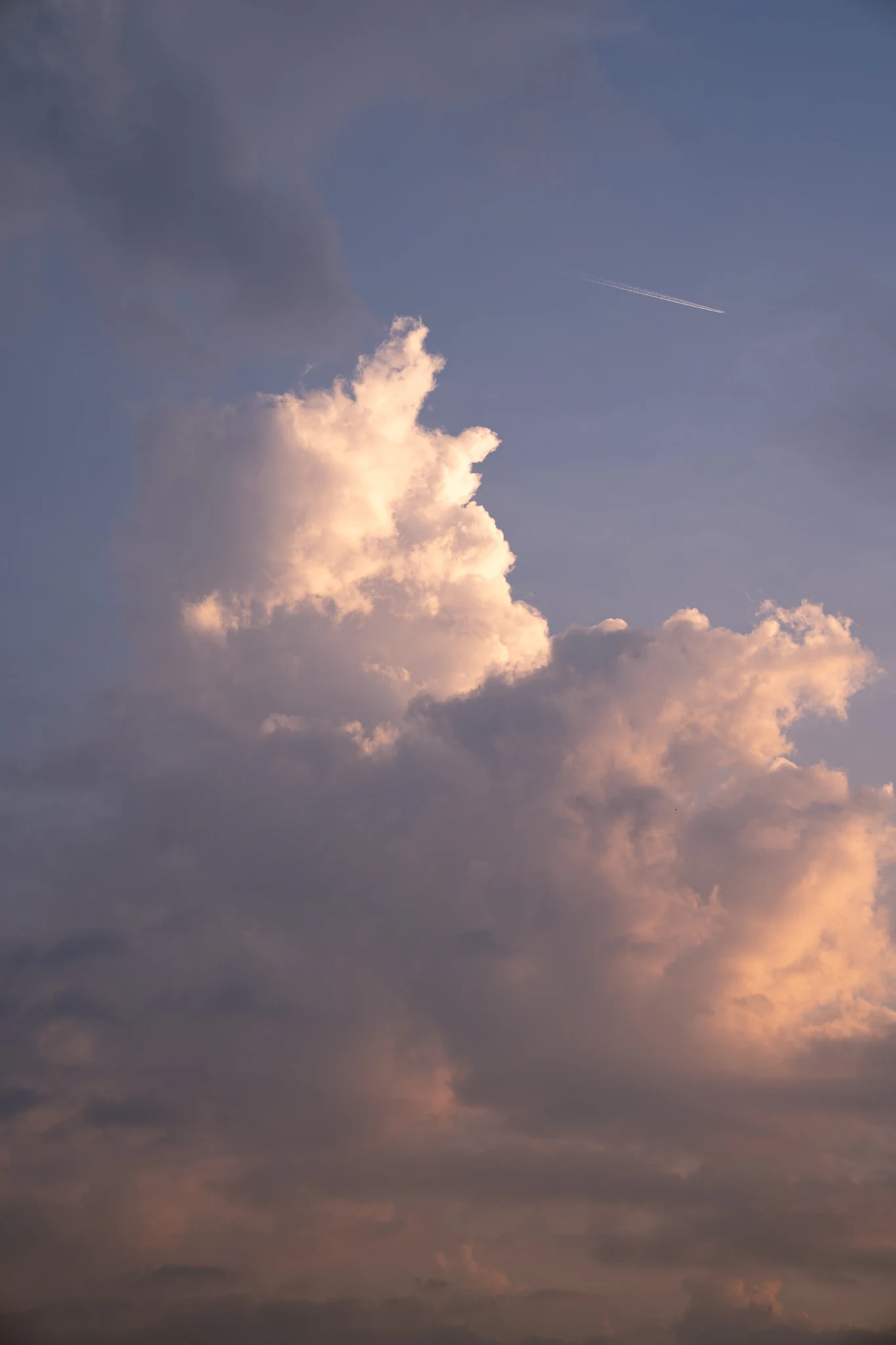 Large evening cloud formation glowing in soft sunset light