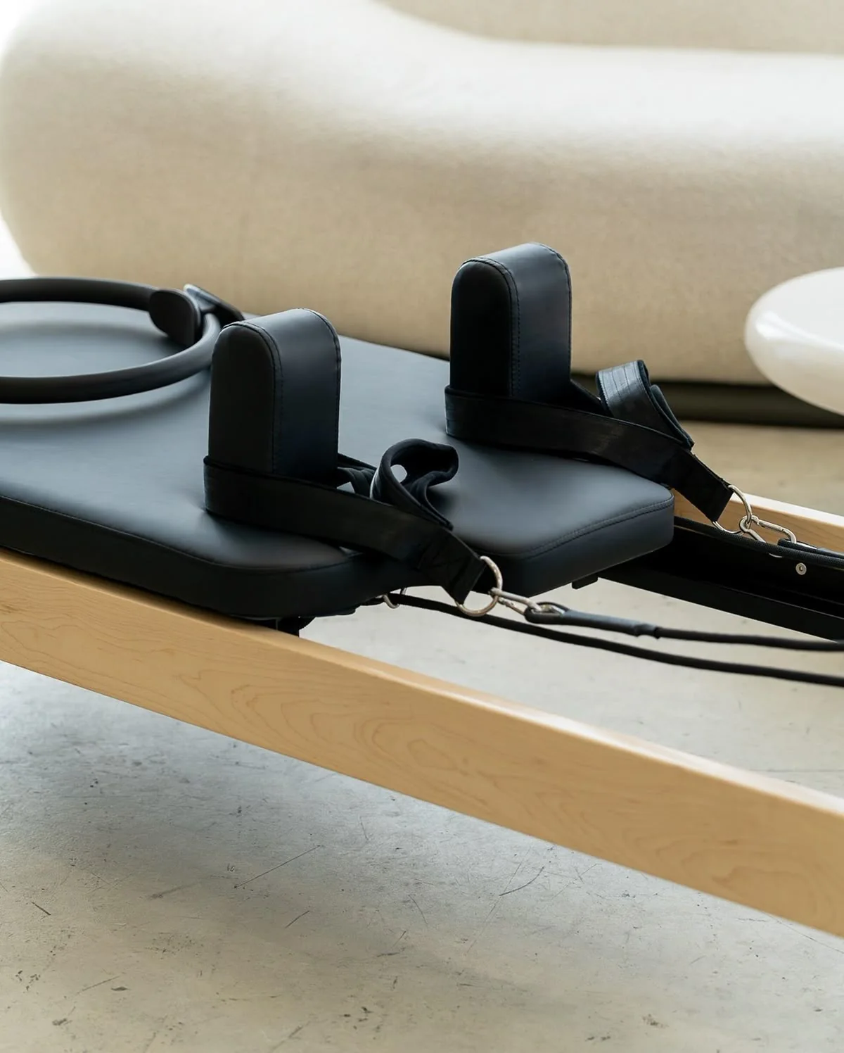 Close detail of premium Pilates reformer equipment