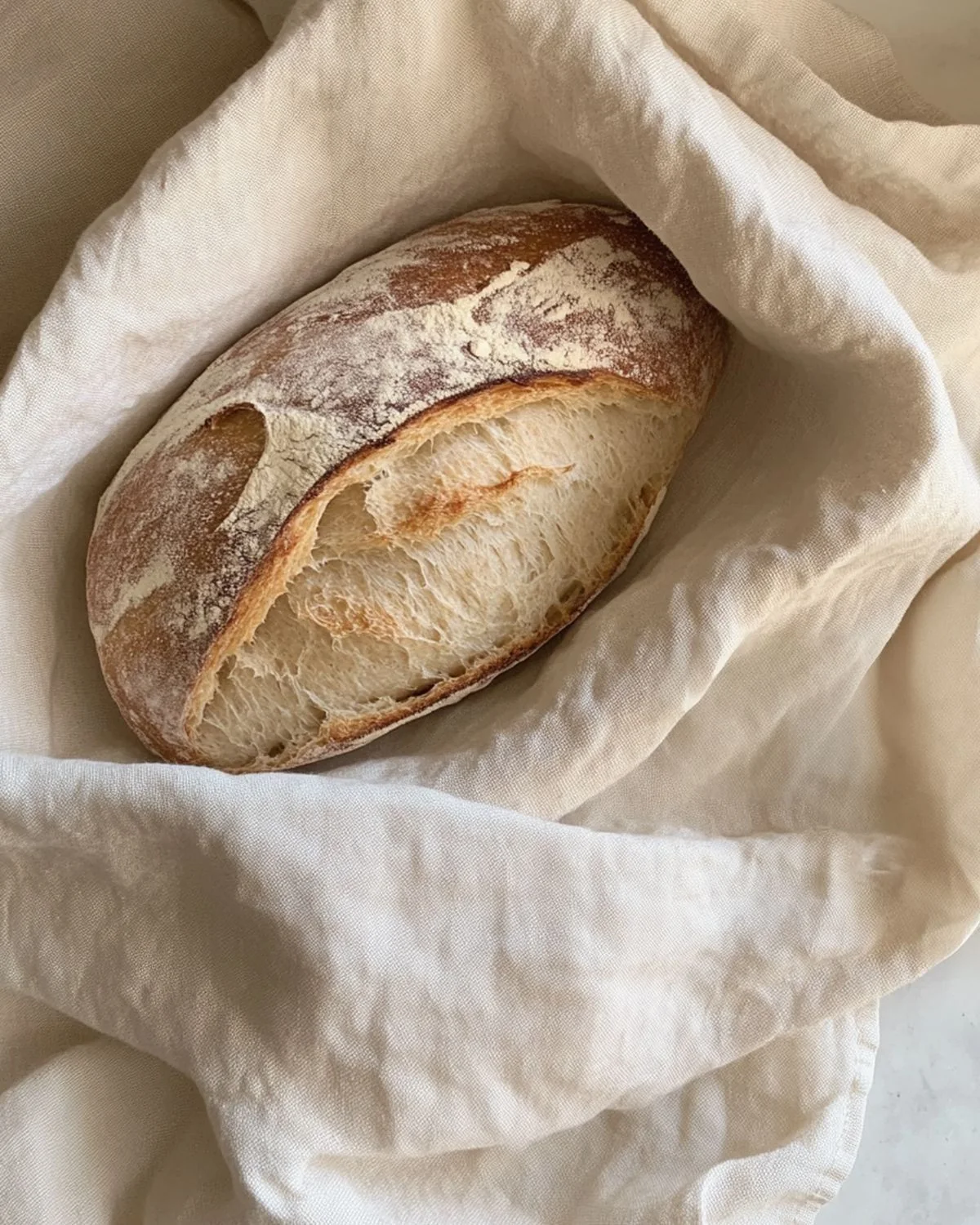 Fresh sourdough loaf wrapped in natural linen